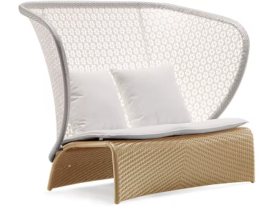 Modern Outdoor Sofa With Woven Light Gray Backrest Beige Seat And White Cushions 3d model