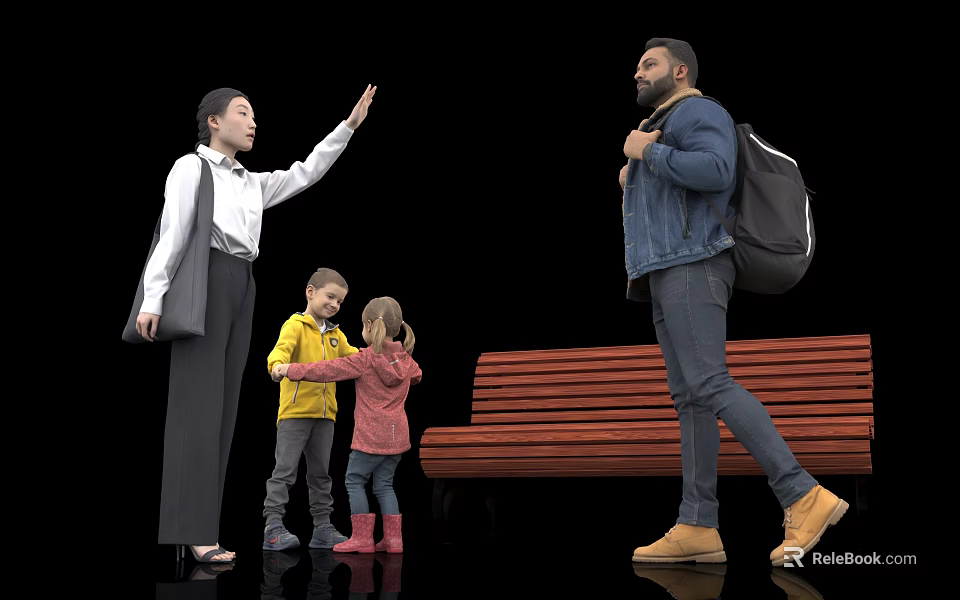 Group Of People Including Woman Kids And Man Interacting Near Wooden Bench 3d model 