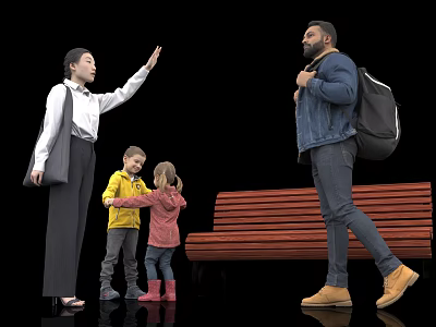 Group Of People Including Woman Kids And Man Interacting Near Wooden Bench 3d model