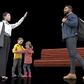 Group Of People Including Woman Kids And Man Interacting Near Wooden Bench