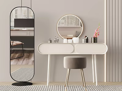 White Dressing Table Featuring Round Mirror Gray Stool And Decorative Items In Minimalist Interior 3d model