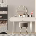 White Dressing Table Featuring Round Mirror Gray Stool And Decorative Items In Minimalist Interior 3d model