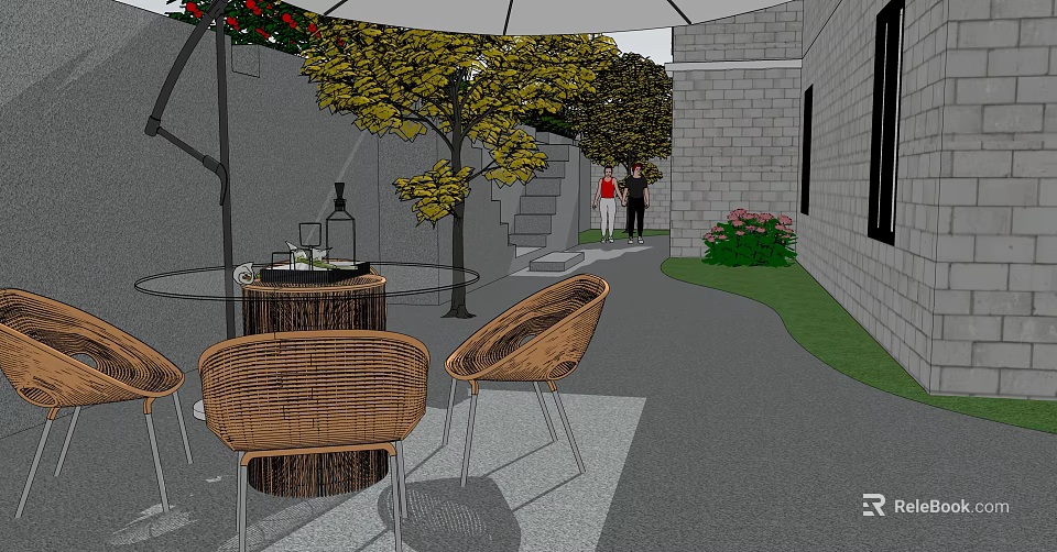 Garden Landscape Design With Wicker Chairs Table Trees Green Plants And Paved Area 3d model 