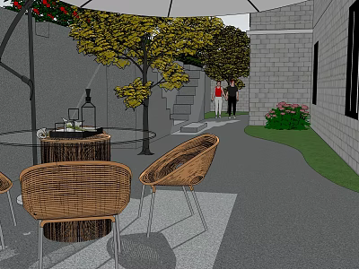 Garden Landscape Design With Wicker Chairs Table Trees Green Plants And Paved Area 3d model
