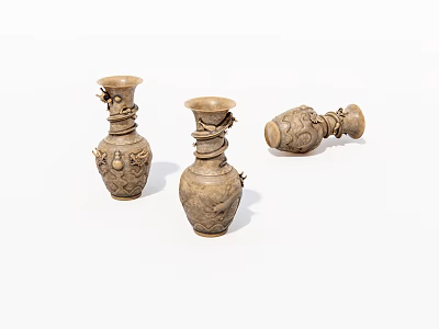 Three Traditional Ceramic Vessels With Intricate Carved Patterns And Decorative Details 3d model