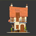 Cartoon Style Miniature House Model With Red Roof Orange Walls Lit Windows And Street Lamp