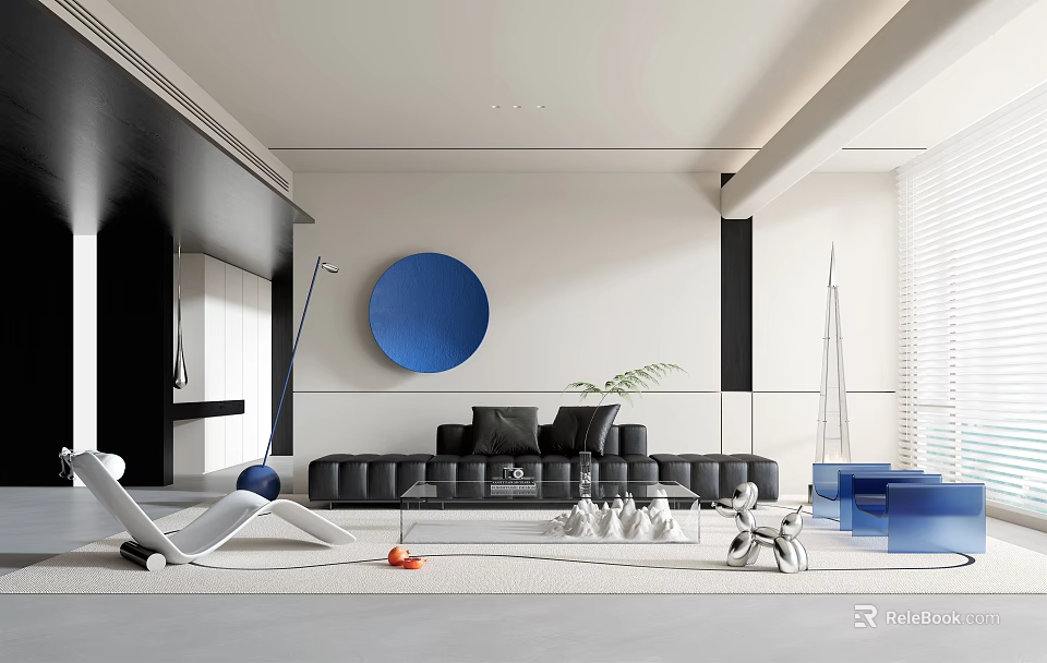 Modern Living Room Interior With Black Sofa And Blue Circular Wall Art Decor 3d model 