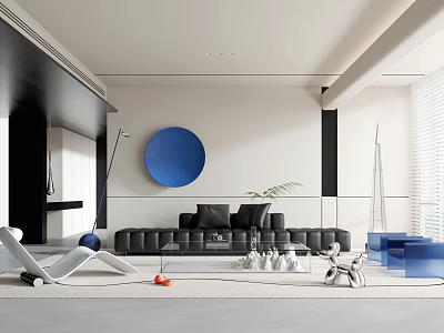 Modern Living Room Interior With Black Sofa And Blue Circular Wall Art Decor 3d model