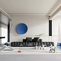 Modern Living Room Interior With Black Sofa And Blue Circular Wall Art Decor