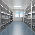 Clean Modern Laboratory Corridor With White Equipment Cabinets Blue Carpet And Strip Lights