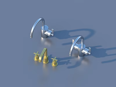 Three Modern Faucets in Silver and Gold with Sleek Design and Shiny Finish 3d model