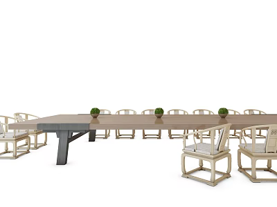 Sturdy Wooden Conference Table With Surrounding Chairs And Small Green Plants 3d model