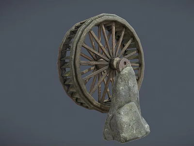Vintage Garden Decor Piece With Old Wooden Wheel and Stone Accent 3d model