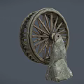Vintage Garden Decor Piece With Old Wooden Wheel and Stone Accent