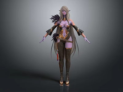 3D Fantasy Character Creature With Long Blonde Hair Purple Skin Golden Accents And Feathered Shoulders 3d model
