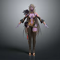 3D Fantasy Character Creature With Long Blonde Hair Purple Skin Golden Accents And Feathered Shoulders