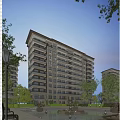 Modern High Rise Residential Building With Balconies Trees And Street Lamps Around