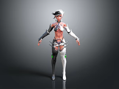 3D Female Character With Short Hair Futuristic Outfit Mechanical Arms And Leg Armor 3d model