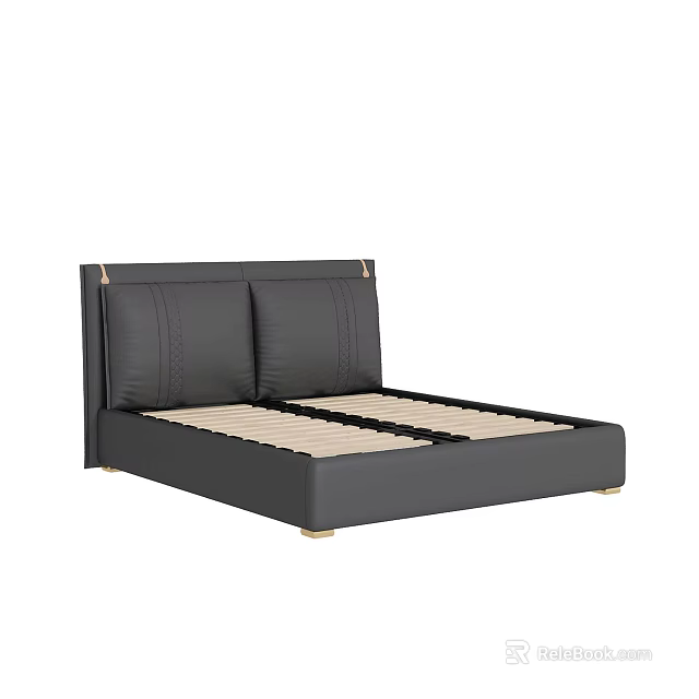 Black Leather Double Bed With Padded Headboard And Golden Legs Wooden Slats 3d model 