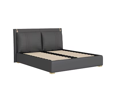 Black Leather Double Bed With Padded Headboard And Golden Legs Wooden Slats 3d model