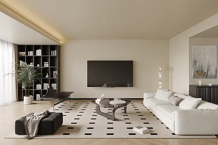 Silent Cream Style Living Room Sofa Coffee Table Combination Fabric Multi-person Sofa Lazy Sofa Glass Coffee Table Floor Lamp Curtain Entrance Cabinet Decorative Painting Green Plant 3d model