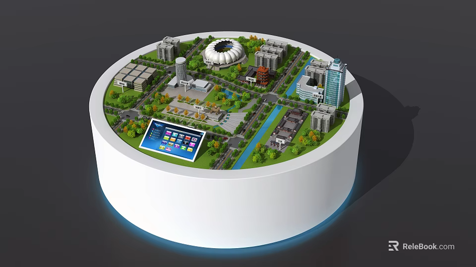 3D Sand Table Model Featuring Various Buildings Green Spaces Roads And Digital Screen 3d model