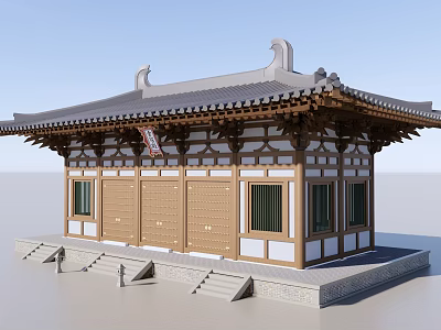 Ancient Chinese Architecture With Traditional Tiled Roof Wooden Structure And Stone Steps 3d model
