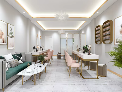 Beauty Salon Interior Design With Pink Chairs Marble Countertops Mirrors And Green Plants 3d model