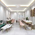 Beauty Salon Interior Design With Pink Chairs Marble Countertops Mirrors And Green Plants