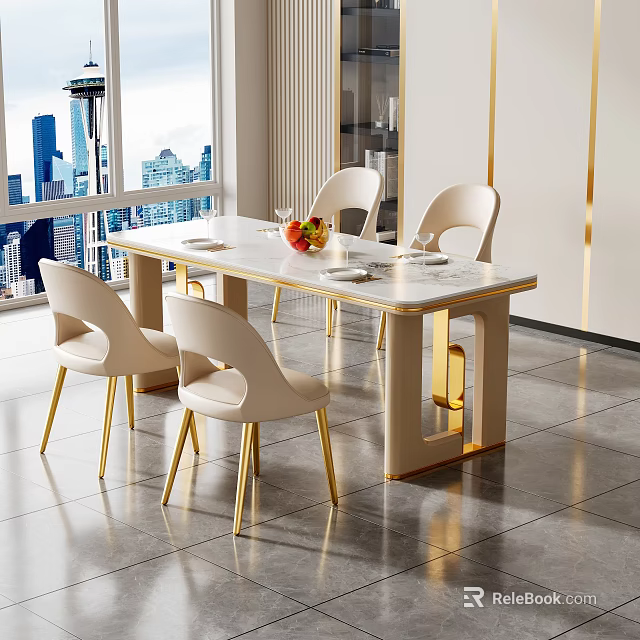 Modern Dining Table Set with Beige Chairs Marble Top Gold Legs and City View 3d model 
