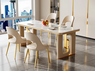 Modern Dining Table Set with Beige Chairs Marble Top Gold Legs and City View 3d model