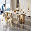 Modern Dining Table Set with Beige Chairs Marble Top Gold Legs and City View