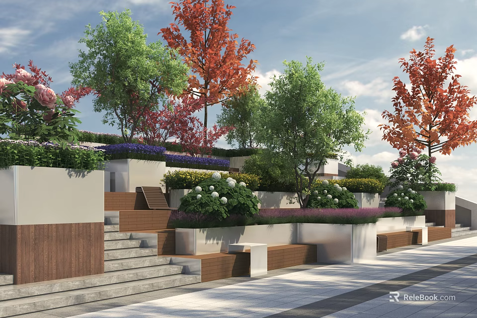 Outdoor Landscape Seats In Garden With Colorful Flower Beds Stone Steps And Red Green Trees 3d model 