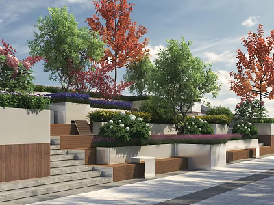 Outdoor Landscape Seats In Garden With Colorful Flower Beds Stone Steps And Red Green Trees 3d model