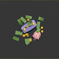 Decorative Ornament Set Blue Suitcase Yellow Handle Green Dollar Bills Pink Piggy Bank Yellow Coins