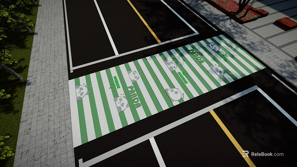 Garden Landscape Design For Parking Area With Green Stripes And Panda Patterns 3d model 