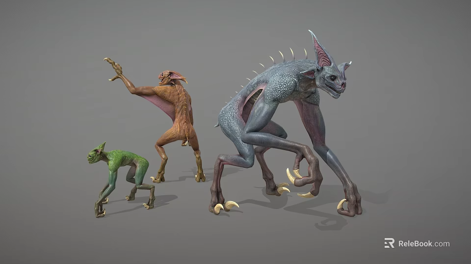Three Fantasy Creature Characters With Scaled Skin Spiked Back And Clawed Limbs 3d model
