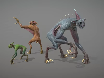 Three Fantasy Creature Characters With Scaled Skin Spiked Back And Clawed Limbs 3d model