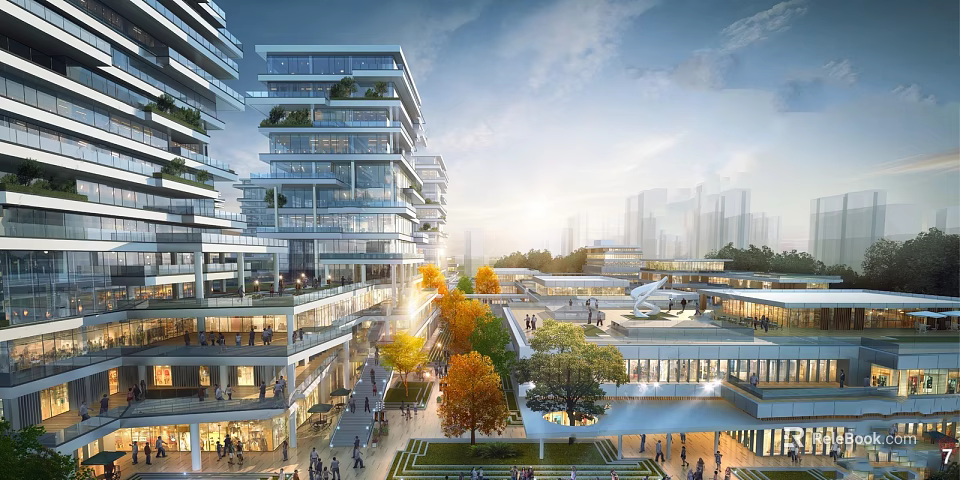 Modern High Rise Buildings With Green Terraces And Open Plaza For Pedestrians 3d model 