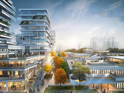 Modern High Rise Buildings With Green Terraces And Open Plaza For Pedestrians 3d model