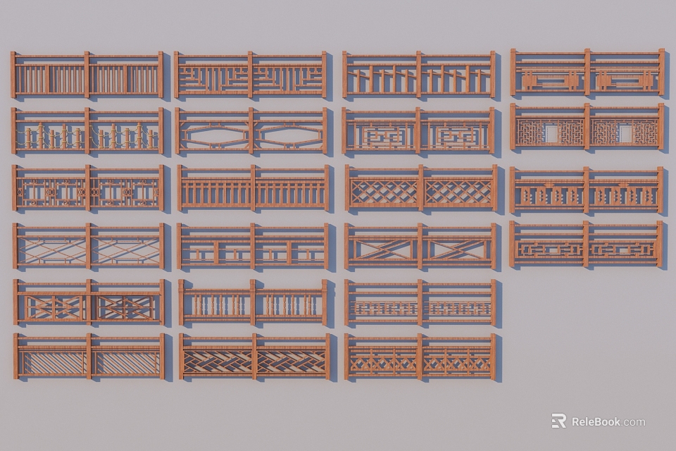 Wooden Railings with Various Intricate Designs for Home Garden or Balcony Decoration 3d model 