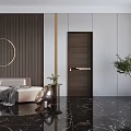 Modern Interior Dark Brown Hinged Door With Decorative Wall And Marble Floor