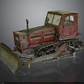 Red Old Crawler Bulldozer With Rusty Blade Metal Cab And Tracked Undercarriage