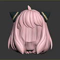 Game Anime Character Head With Pink Long Wavy Hair And Green Gold Horn Like Decorations