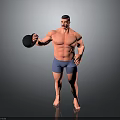 Shirtless Muscular Man In Blue Shorts Holding Black Kettlebell 3D Model On Gray Background