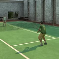 Green Tennis Court With Net And Person Playing Tennis Near Brick Walls And Benches 3d model