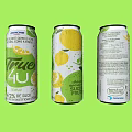 Refreshing Lemon Flavor Canned Beverage With Front And Side Views On Green Background