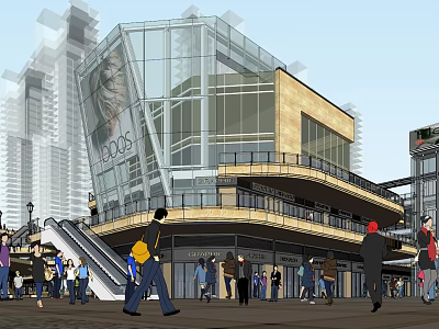 Vibrant Urban Commercial Street With Modern Glass Facade Building Shoppers And Pedestrians 3d model