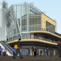 Vibrant Urban Commercial Street With Modern Glass Facade Building Shoppers And Pedestrians