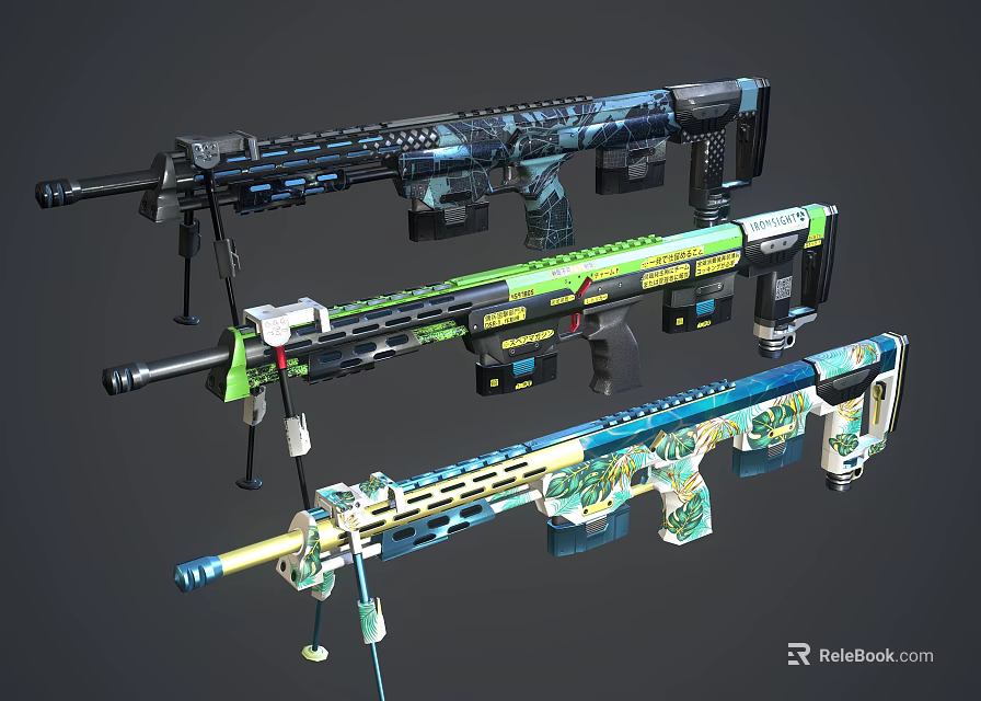 Modern Tactical Rifles With Colorful Camouflage Patterns And Decorative Design Details 3d model 